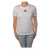 Elisabetta Franchi - T-Shirt with Perforated Metallic Logo - White - T-Shirt - Made in Italy - Luxury Exclusive Collection