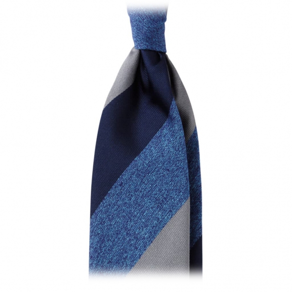 Viola Milano - Block Stripe Woven Silk Jacquard Tie - Denim Mix - Made in Italy - Luxury Exclusive Collection