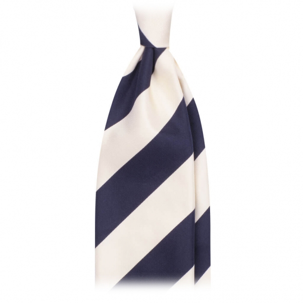 Viola Milano - Block Stripe Handrolled Woven Silk Jacquard Tie - Navy White - Made in Italy - Luxury Exclusive Collection