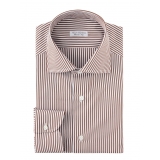 Viola Milano - Camicia a Manica Lunga - Riga Marrone - Handmade in Italy - Luxury Exclusive Collection