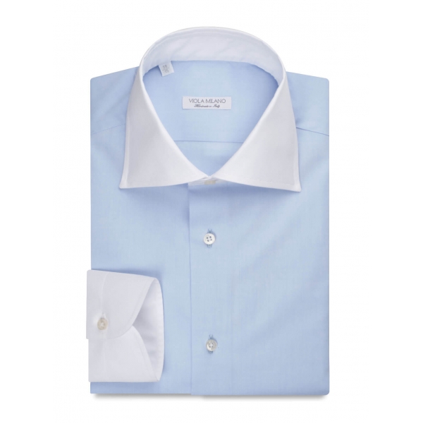 Viola Milano - Contrast Collar Shirt - Blue and White - Handmade in Italy - Luxury Exclusive Collection