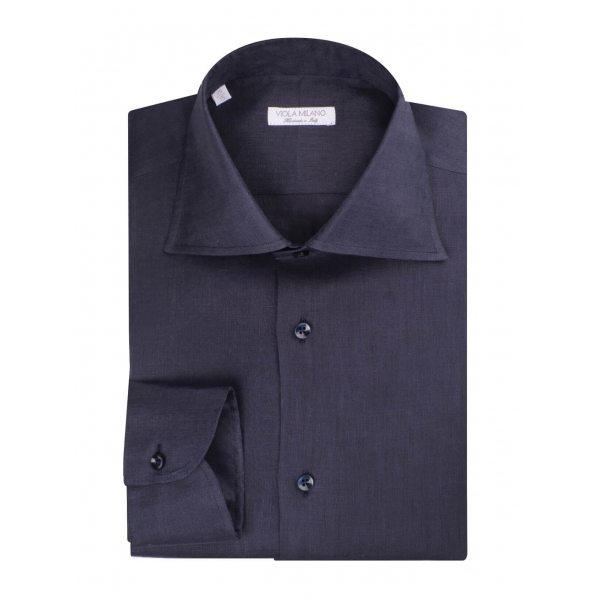 Viola Milano - Solid 100% Linen Shirt – Navy - Handmade in Italy - Luxury Exclusive Collection