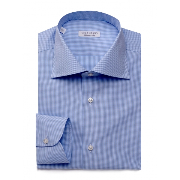 Viola Milano - Micro Check Shirt - Blue and White - Handmade in Italy - Luxury Exclusive Collection