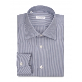 Viola Milano - Stripe Napoli Collar Shirt - Navy and White - Handmade in Italy - Luxury Exclusive Collection