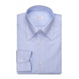 Viola Milano - Stripe American Oxford Shirt - Sea and White - Handmade in Italy - Luxury Exclusive Collection