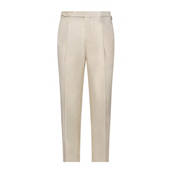 Viola Milano - Sartorial Cotton Pants with Side Adjusters - Ivory - Handmade in Italy - Luxury Exclusive Collection