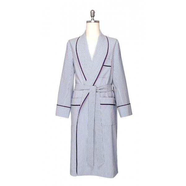 Viola Milano - Loro Piana Seersucker Dressing Gown - Sea and White - Handmade in Italy - Luxury Exclusive Collection