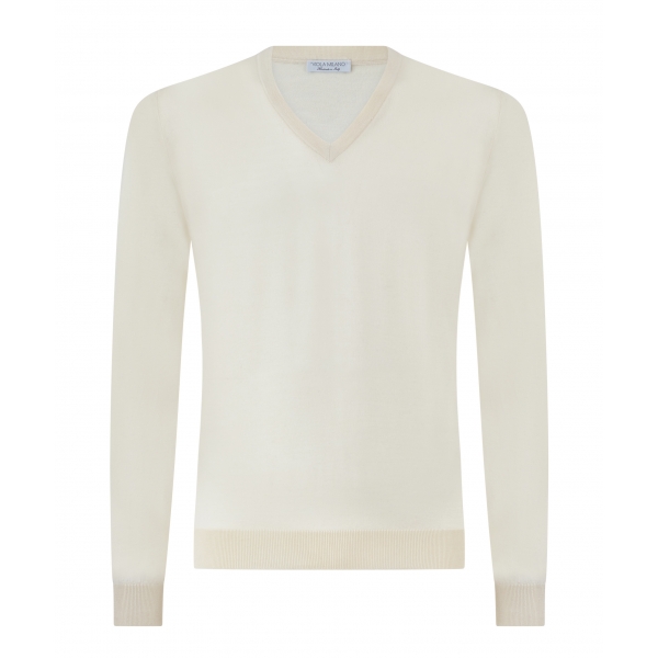 Viola Milano - Cashmere V-Neck Sweater - Cream - Handmade in Italy - Luxury Exclusive Collection