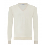 Viola Milano - Cashmere V-Neck Sweater - Cream - Handmade in Italy - Luxury Exclusive Collection