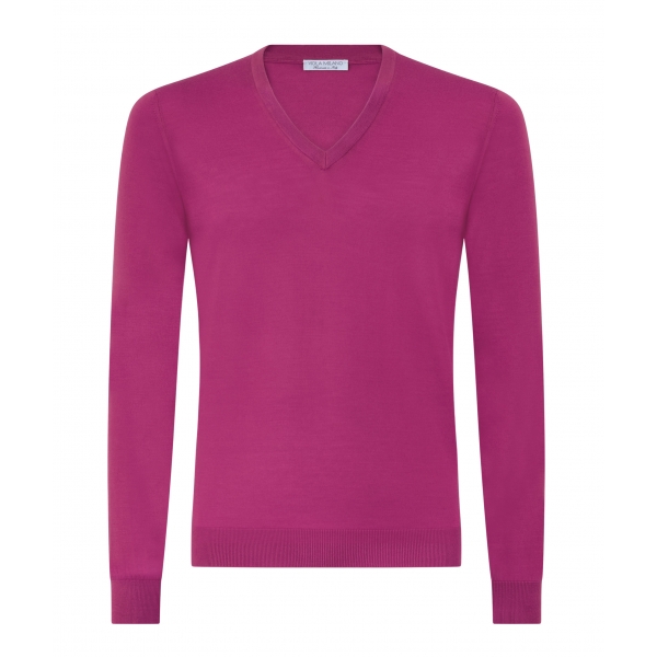 Viola Milano - Cashmere V-Neck Sweater - Fuschia - Handmade in Italy - Luxury Exclusive Collection