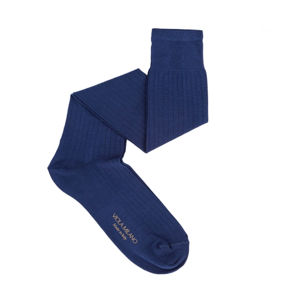 Viola Milano - Solid Over-the-Calf Cotton and Silk Socks - Blue - Handmade in Italy - Luxury Exclusive Collection