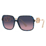 Valentino - Occhiale da Sole Squadrati in Acetato Vlogo Signature - Oro Rosa Blu - Valentino Eyewear