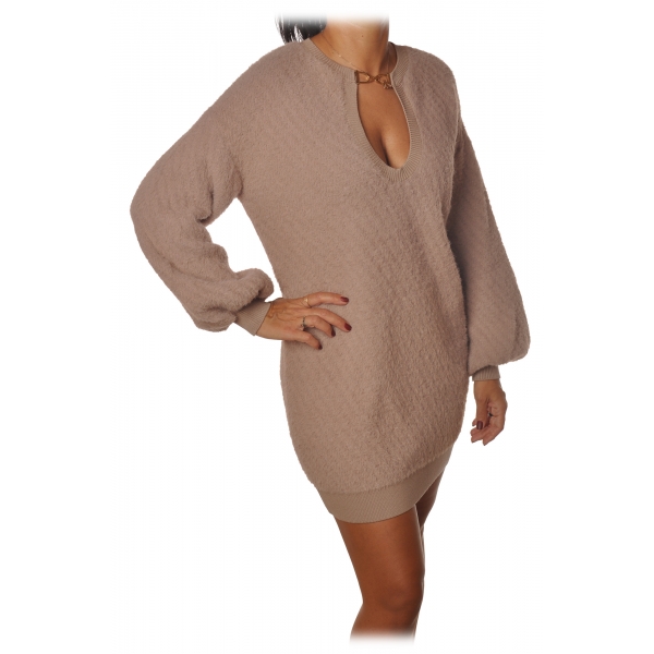 Elisabetta Franchi - Oversized Knit Dress with Gold Detail - Beige - Dress - Made in Italy - Luxury Exclusive Collection