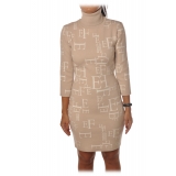 Elisabetta Franchi - High-Neck Dress in Logoed Fantasy - Beige/White - Dress - Made in Italy - Luxury Exclusive Collection