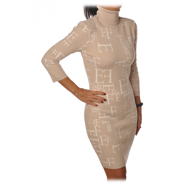 Elisabetta Franchi - High-Neck Dress in Logoed Fantasy - Beige/White - Dress - Made in Italy - Luxury Exclusive Collection