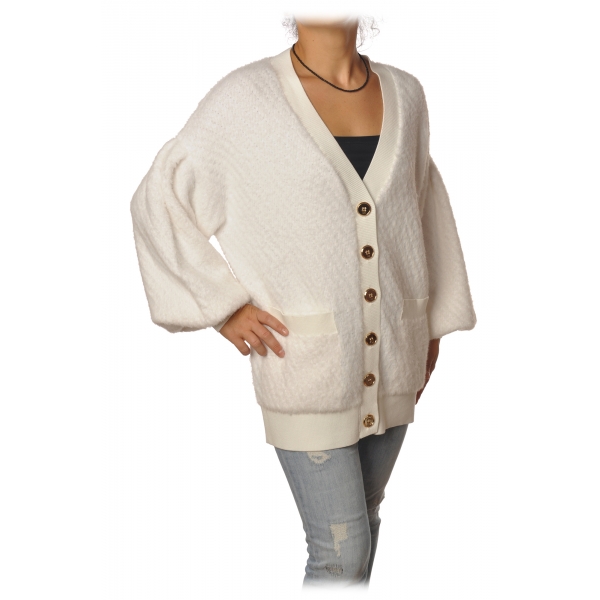 Elisabetta Franchi - Oversized Cardigan with Gold Buttons - Ivory - Pullover - Made in Italy - Luxury Exclusive Collection