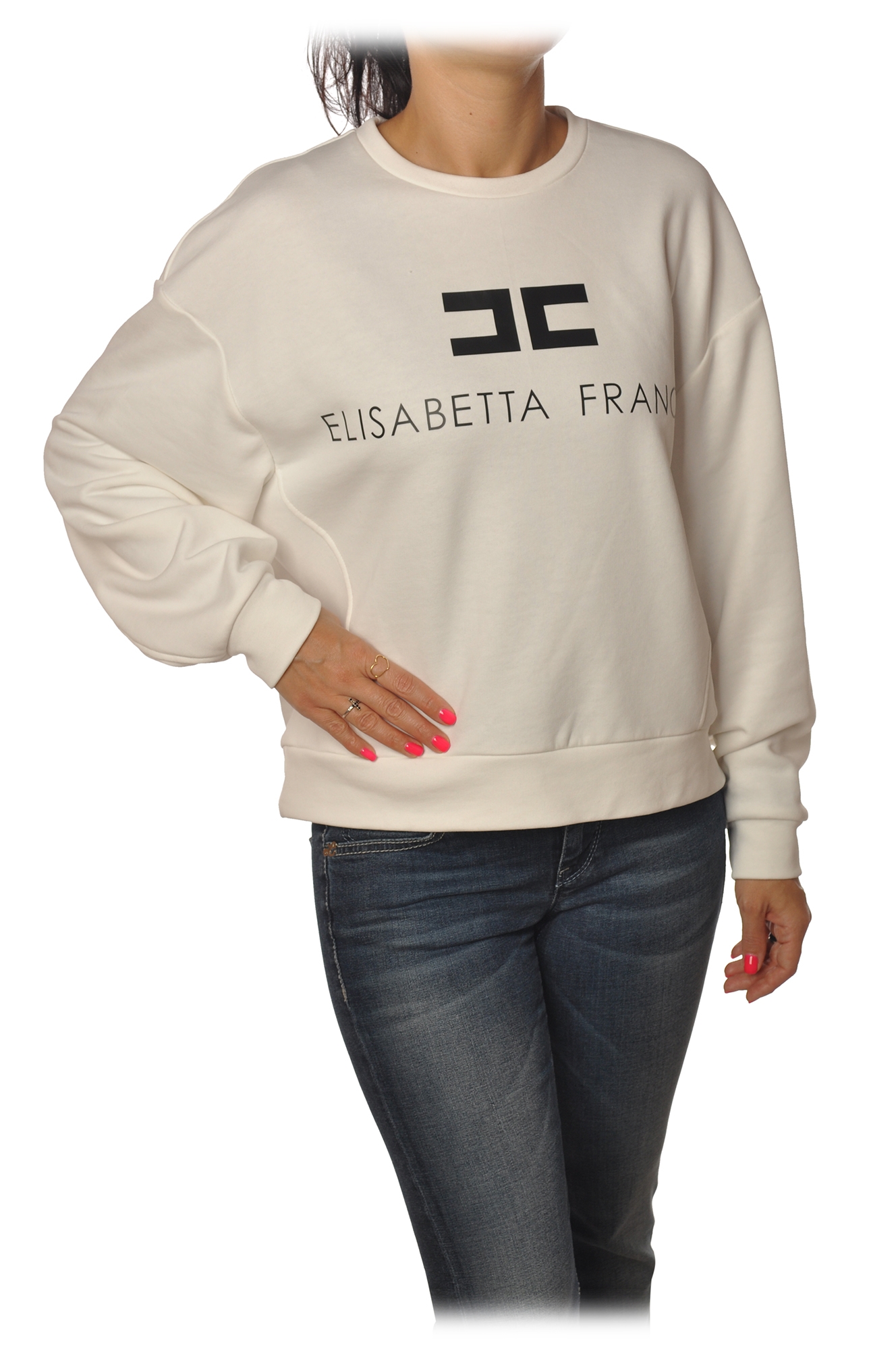 Elisabetta Franchi - Oversized Sweatshirt with Logo - Ivory - Sweatshirt -  Made in Italy - Luxury Exclusive Collection - Avvenice
