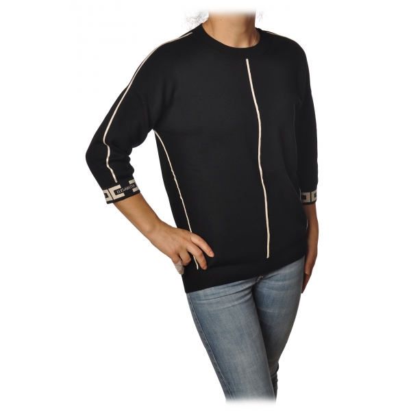 Elisabetta Franchi - Sweater with 3/4 Sleeves and Logoed Cuffs - Black - Pullover - Made in Italy - Luxury Exclusive Collection