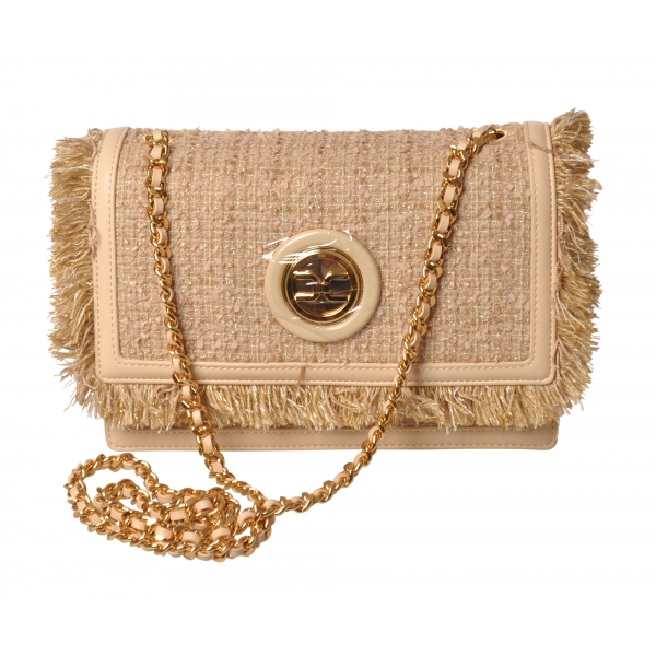 Elisabetta Franchi - Bag with Chain in Fabric - Champagne - Bag - Made in Italy - Luxury Exclusive Collection