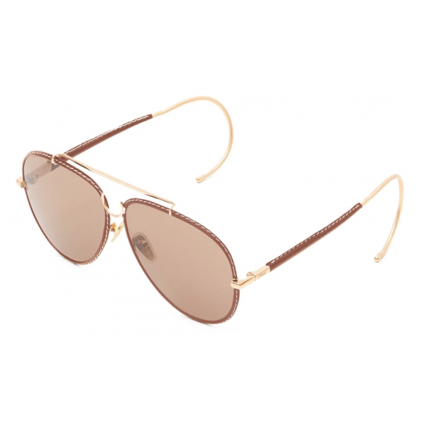 Chloé - Pilot Edith Woman's Sunglasses in Metal and Leather - Gold Brown - Chloé Eyewear