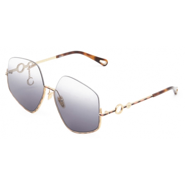 Chloé - Sofya Pentagonal Woman's Sunglasses in Metal and Enamel - Gold Havana Grey - Chloé Eyewear