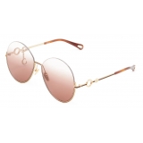 Chloé - Sofya Round Sunglasses in Metal and Enamel - Gold Burgundy Rust - Chloé Eyewear