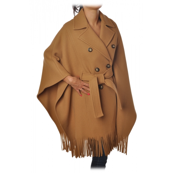 Pinko - Double-Breasted Coat Puerta Mantella with Fringes - Camel - Jacket - Made in Italy - Luxury Exclusive Collection