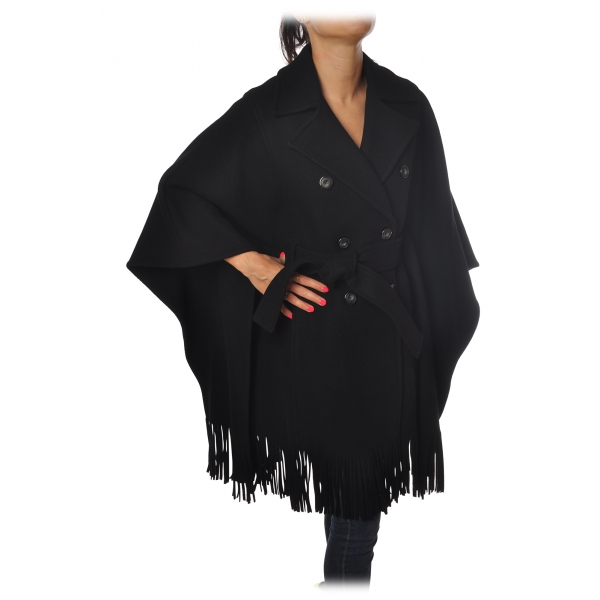 Pinko - Double-Breasted Coat Puerta Mantella with Fringes - Black - Jacket - Made in Italy - Luxury Exclusive Collection