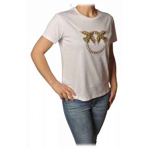 Pinko - T-shirt Quentin1 con Logo Rondini in Strass - Bianco - T-Shirt - Made in Italy - Luxury Exclusive Collection