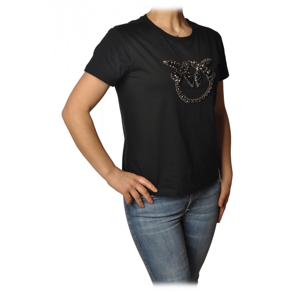 Pinko - T-shirt Quentin1 with Swallows Logo in Rhinestones - Black - T-shirt - Made in Italy - Luxury Exclusive Collection