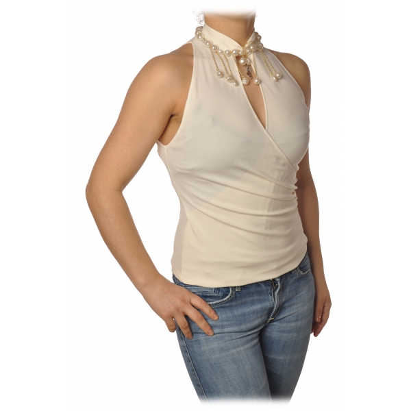 Pinko - Top Ruspante with Pearls and Chains - White - Top - Made in Italy - Luxury Exclusive Collection