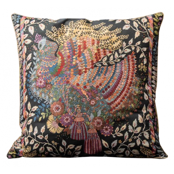 Nicolao Atelier - Rubelli Silk Cushion - Peacock Motif Grey - Pillow - Made in Italy - Luxury Exclusive Collection