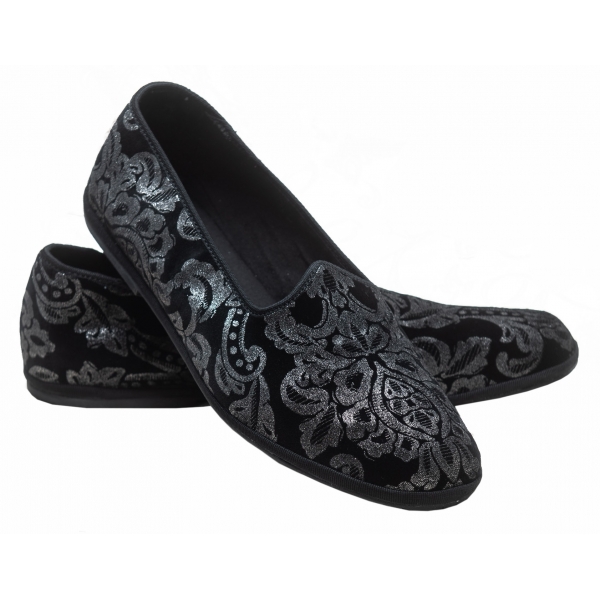 Nicolao Atelier - Furlana Slipper in Velvet - Black Damask Color Man - Shoe - Made in Italy - Luxury Exclusive Collection