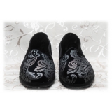 Nicolao Atelier - Furlana Slipper Silk Velvet - Black Silver Motifs Woman - Shoe - Made in Italy - Luxury Exclusive Collection