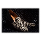 Nicolao Atelier - Slipper Shoe - Black Silk with Gold Pattern Man - Shoe - Made in Italy - Luxury Exclusive Collection