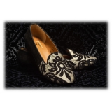 Nicolao Atelier - Silk Slipper Shoe - Black Color with Gold Pattern Woman - Shoe - Made in Italy - Luxury Exclusive Collection