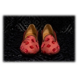 Nicolao Atelier - Silk Slipper Sock - Red with Velvet Check Pattern Woman - Shoe - Made in Italy - Luxury Exclusive Collection
