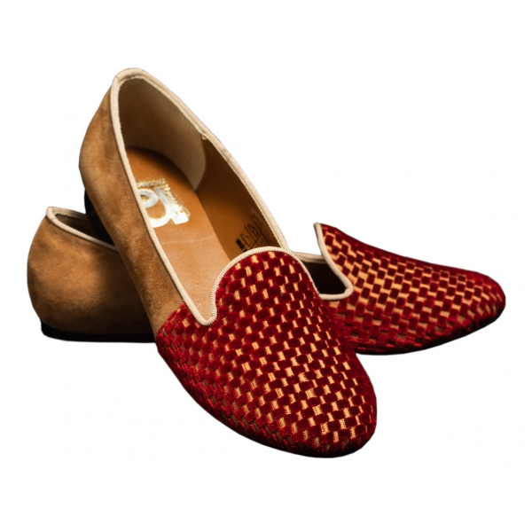 Nicolao Atelier - Velvet Slipper Sock - Red Color with Check Pattern Woman - Shoe - Made in Italy - Luxury Exclusive Collection