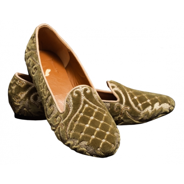 Nicolao Atelier - Slipper Shoe in Velvet Brocade - Sage Green Color Woman - Shoe - Made in Italy - Luxury Exclusive Collection