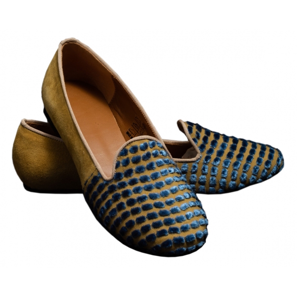 Nicolao Atelier - Silk Velvet Slipper Shoe - Blue Gold Woman - Shoe - Made in Italy - Luxury Exclusive Collection