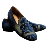 Nicolao Atelier - Silk Velvet Slipper Shoe - Blue Gold Man - Shoe - Made in Italy - Luxury Exclusive Collection
