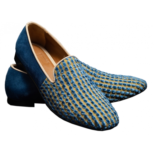 Nicolao Atelier - Silk Velvet Slipper Shoe - Light Blue Gold Man - Shoe - Made in Italy - Luxury Exclusive Collection