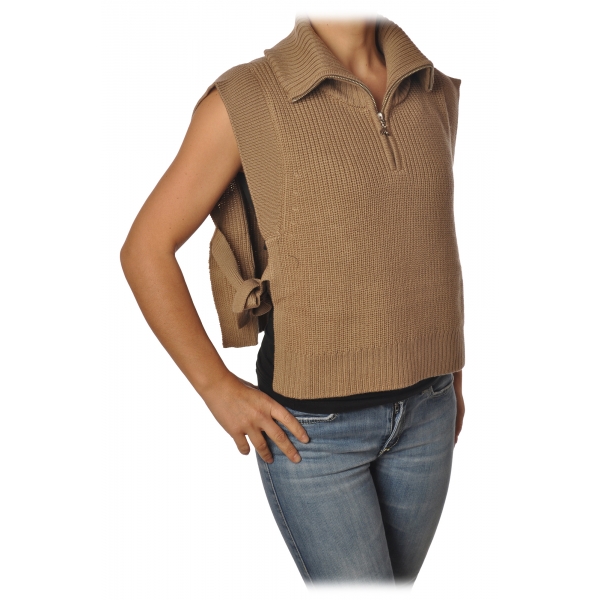 Patrizia Pepe - Vest with Zip Closure and Bow Detail - Beige - Pullover - Made in Italy - Luxury Exclusive Collection