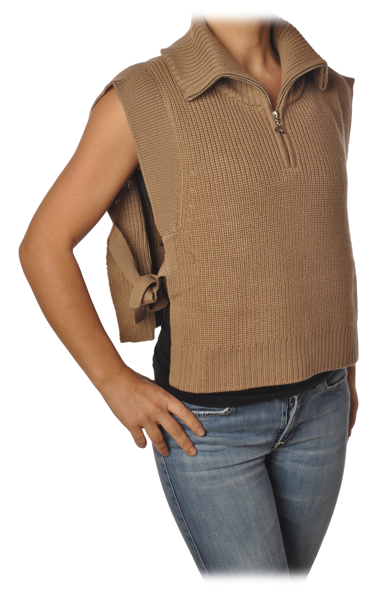 Patrizia Pepe - Vest with Zip Closure and Bow Detail - Beige - Pullover Made Italy - Luxury Exclusive Collection - Avvenice