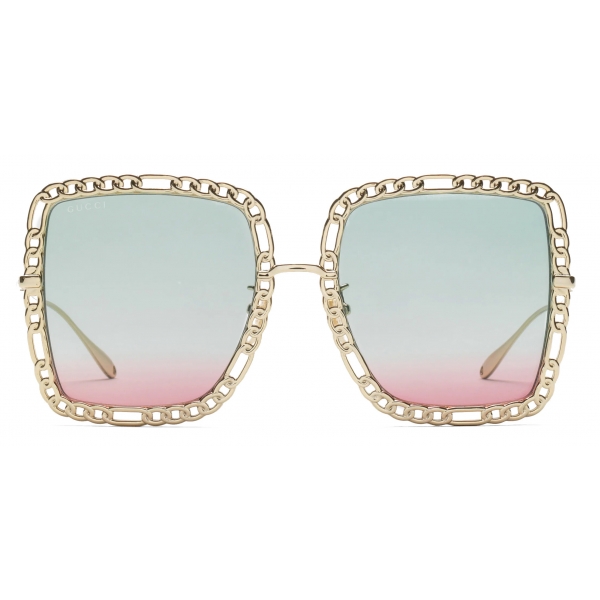 Gucci - Rectangular Sunglasses with Chain - Gold Light Blue Red - Gucci Eyewear