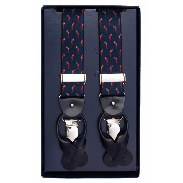 Fefè Napoli - Blue Lucky Horns Scaramantia Suspenders - Braces - Handmade in Italy - Luxury Exclusive Collection