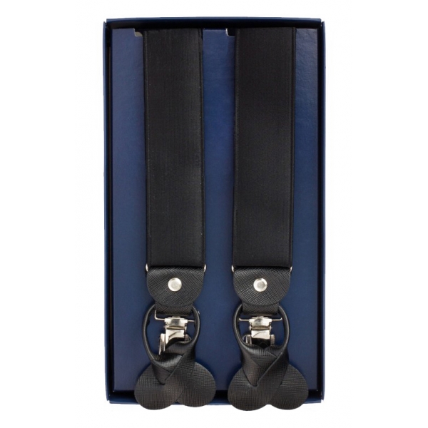 Fefè Napoli - Black Satin Gentleman Suspenders - Braces - Handmade in Italy - Luxury Exclusive Collection