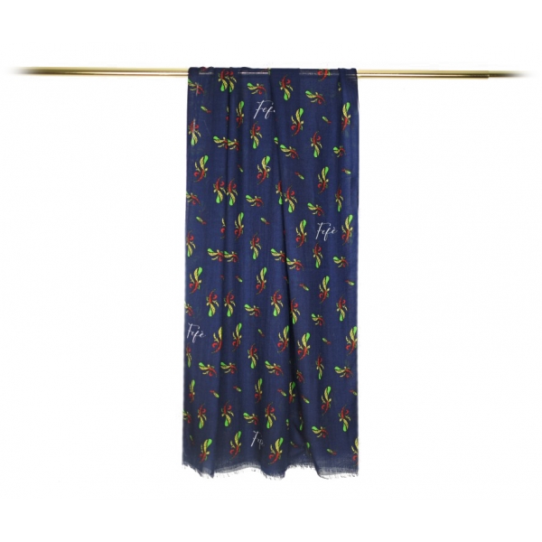 Fefè Napoli - Blue Ace of Sticks Scaramantia Wool Scarf - Scarves and Foulards - Handmade in Italy - Luxury Exclusive Collection