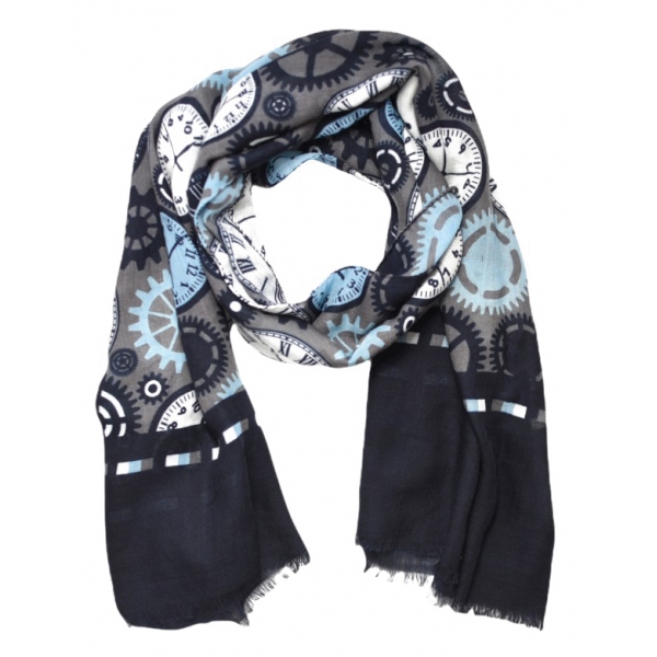 Fefè Napoli - Grey Gears Dandy Wool Scarf - Scarves and Foulards - Handmade in Italy - Luxury Exclusive Collection