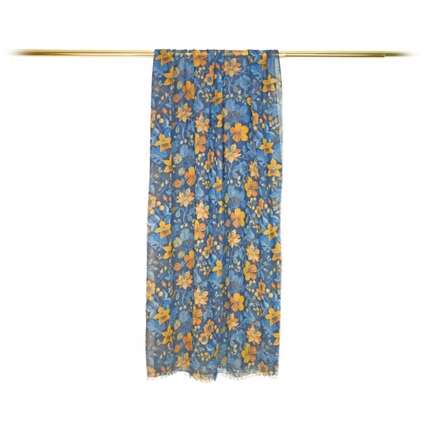 Fefè Napoli - Yellow Blue Flowers Wool Dandy Scarf - Scarves and Foulards - Handmade in Italy - Luxury Exclusive Collection